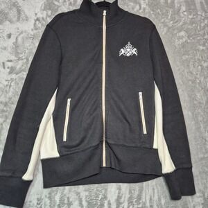 Express Mens Track Jacket Black Cream Full Zip Crest Logo Fleece Medium RN55285